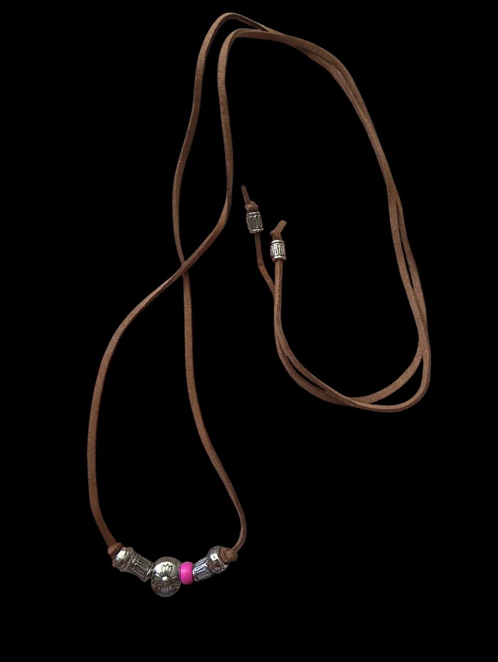 Brown Suede Necklace with Silver Beads and Pink Accent